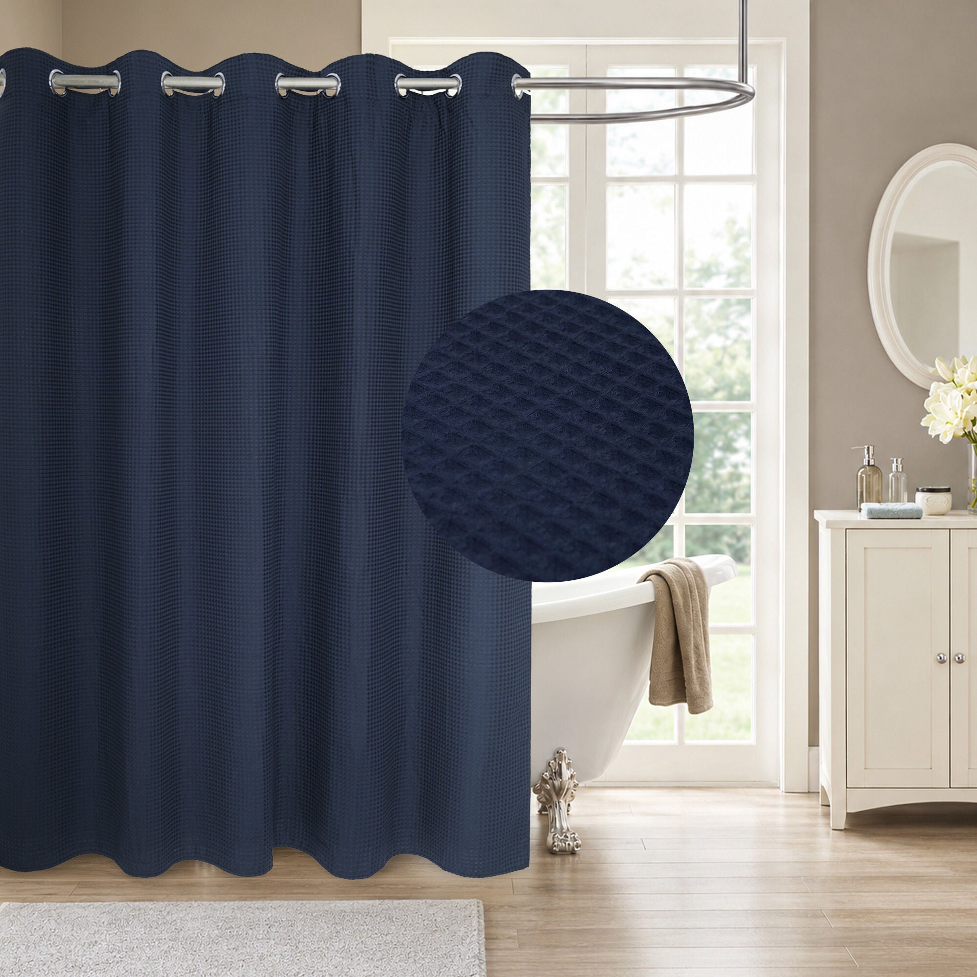 No Hook Cotton Blend Waffle Woven Shower Curtain with Snap-in Liner, NAVY BLUE, hi-res image number 0