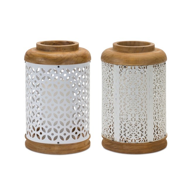 Geometric Punched Metal Lantern (Set of 2), WHITE/BROWN, hi-res image number 0
