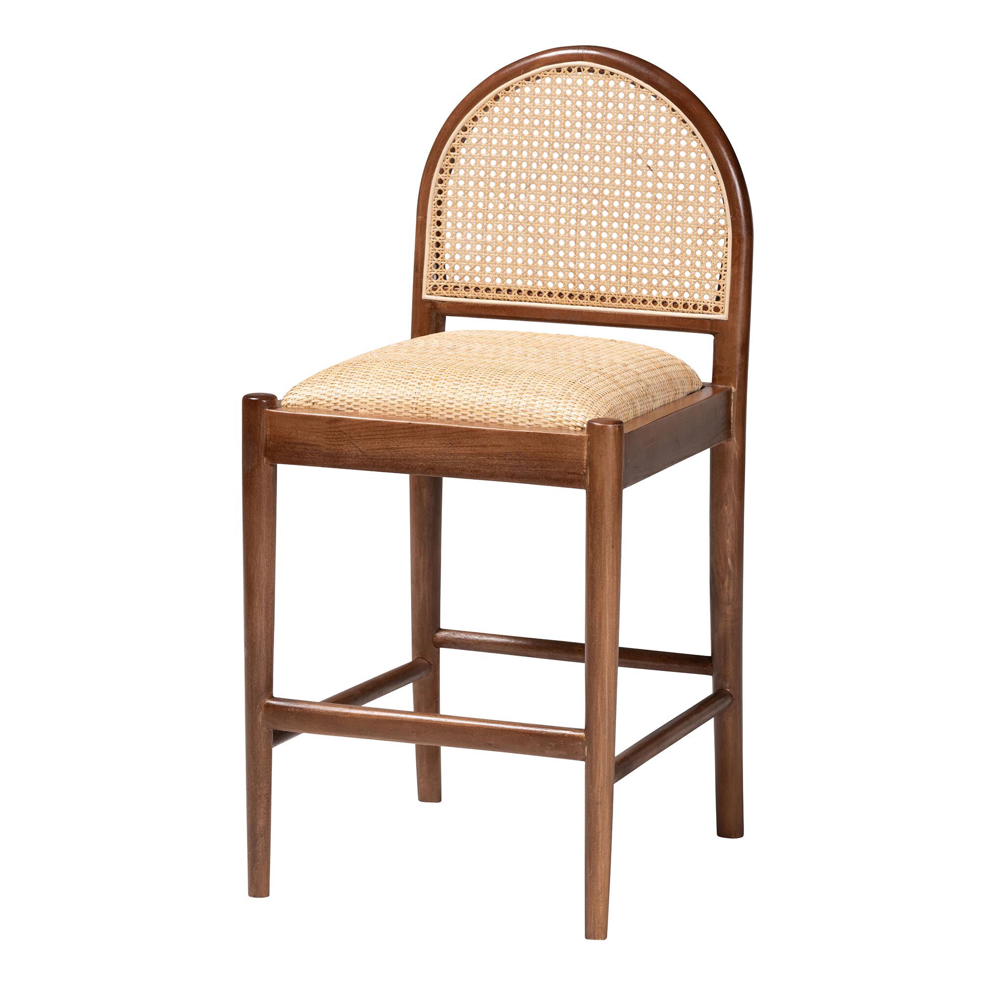 Maryland Modern Bohemian Natural Rattan and Acacia Wood Counter Stool, BROWN, alternate image number 2