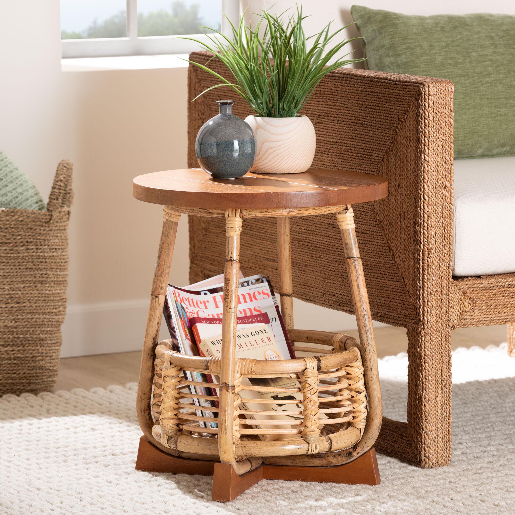 Derenik Natural Rattan and Mahogany Wood End Table - Boho Accent Side Table with Woven Basket Base, BROWN, hi-res image number 0