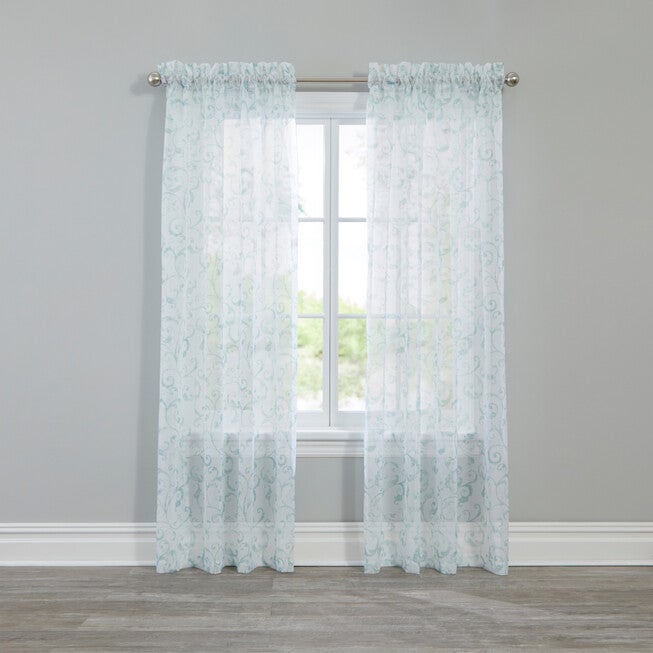 Voile Scroll Rod-Pocket Panel, SEAGLASS, hi-res image number 0