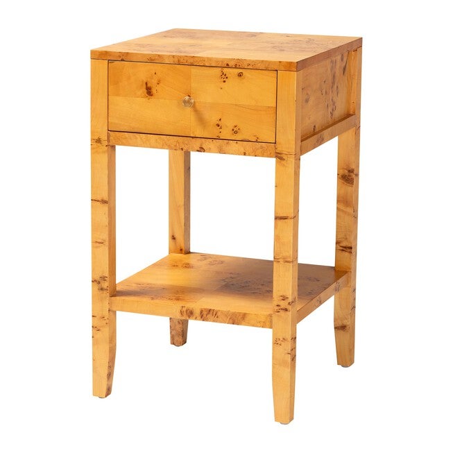 Ghina Modern and Contemporary Natural Light Mappa Real Burl Wood 1-Drawer Nightstand, LIGHT MAPPA BURL, alternate image number null