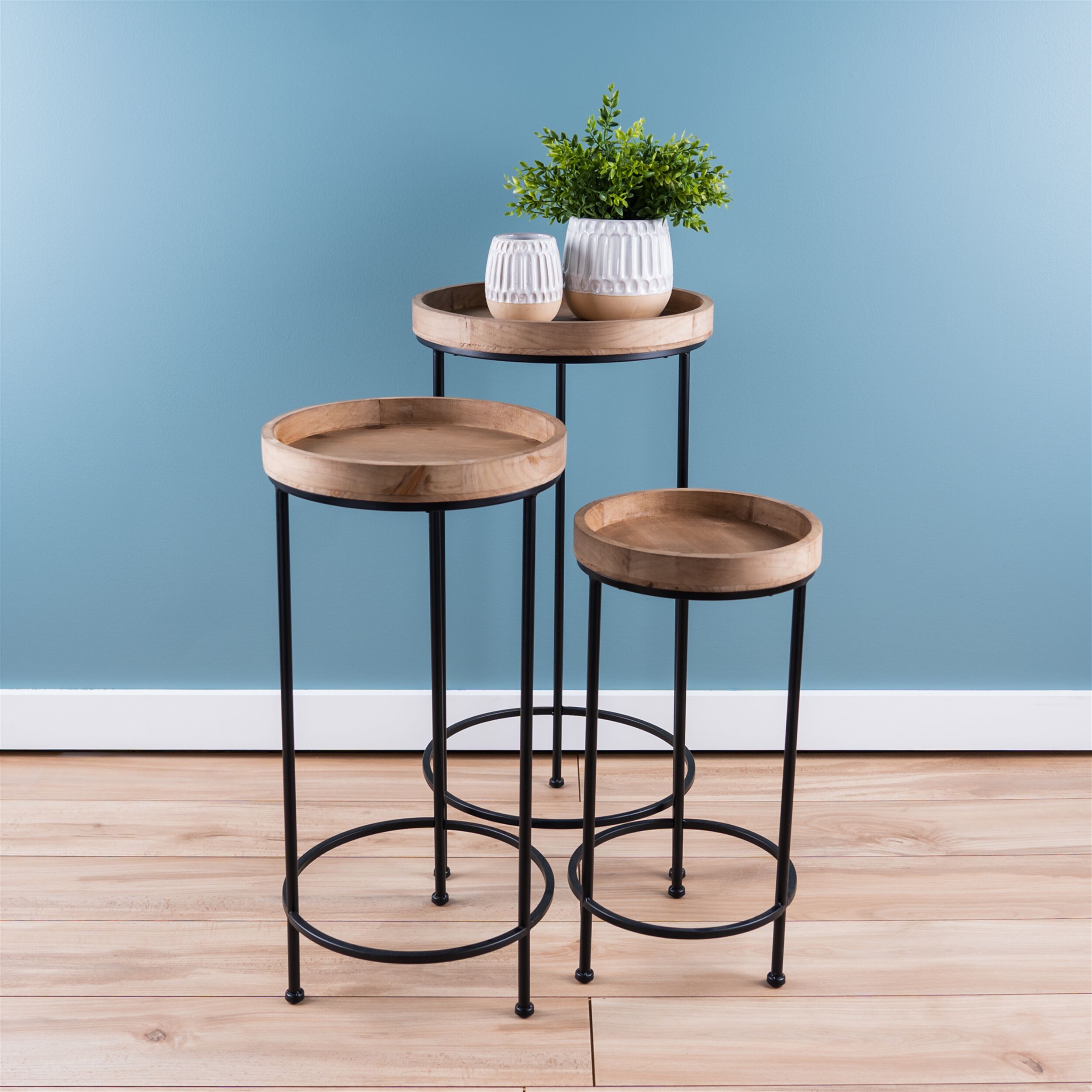 Round Wood and Metal Plant Stand Table (Set of 3), BROWN, alternate image number 4