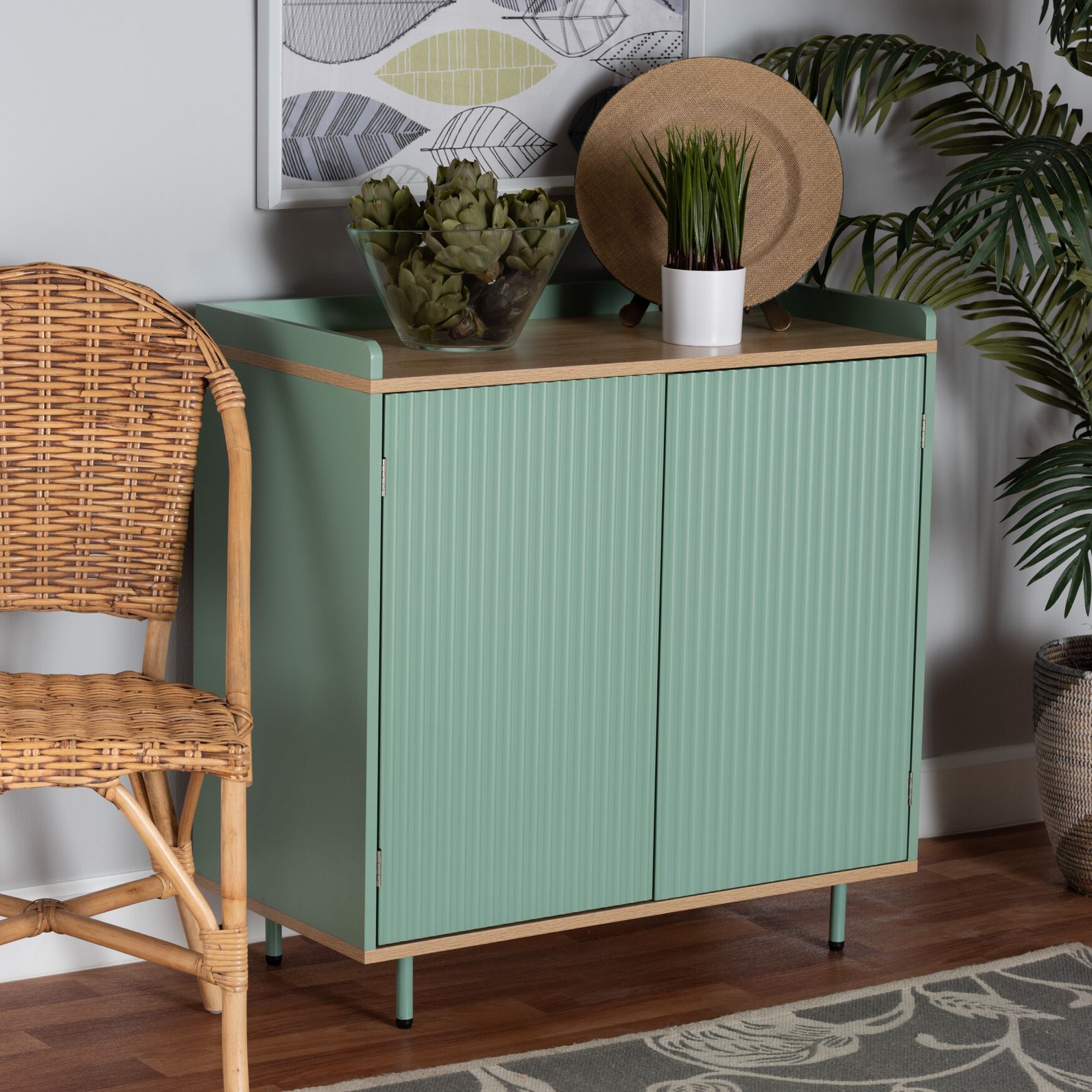 Tavita Mid-Century Modern Two-Tone Mint Green And Oak Brown Finished Wood 2-Door Sideboard Buffet, , alternate image number 5