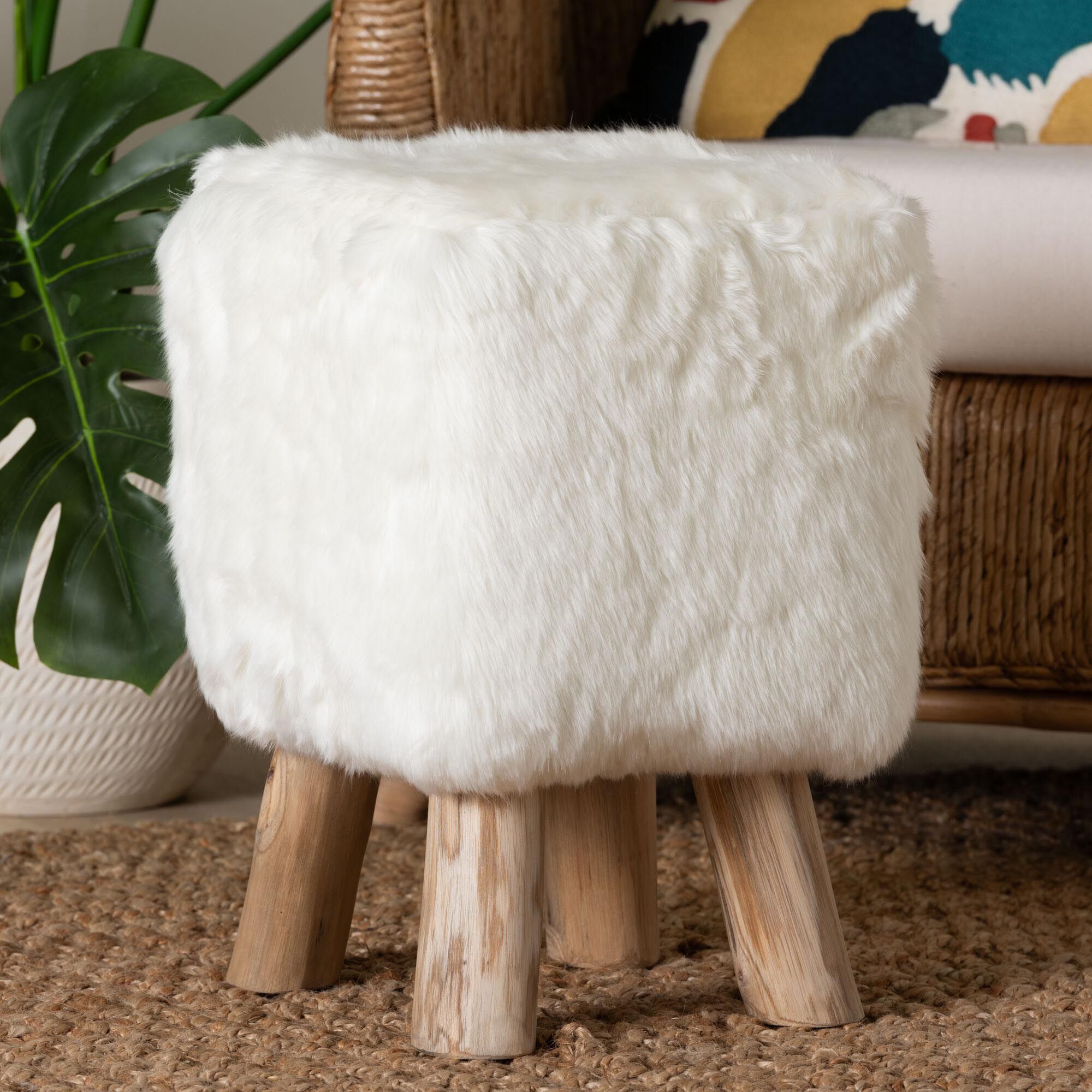 Scotlyn Faux Fur Footstool with Teak Wood Legs, WHITE, hi-res image number 0