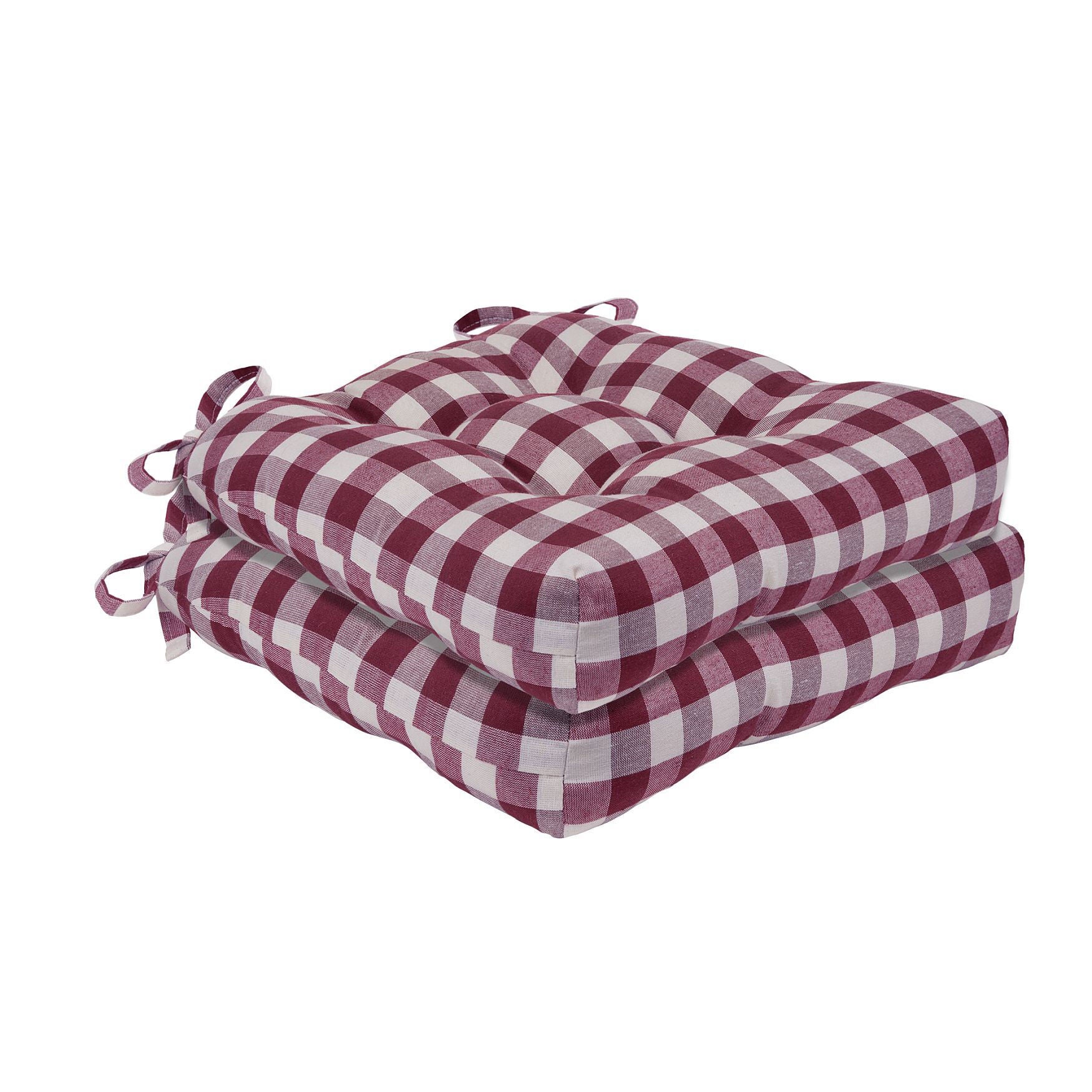Buffalo Check Tufted Chair Seat Cushions Set of Two, BURGUNDY, hi-res image number 0