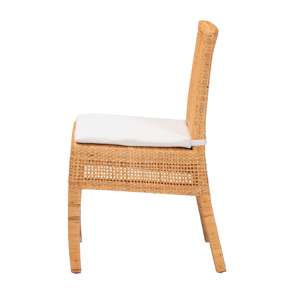 Side view of rattan dining chair with white cushion