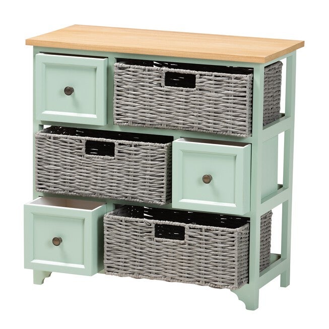 Valtina Modern And Contemporary Two-Tone Oak Brown And Mint Green Finished Wood 3-Drawer Storage Unit With Baskets, , on-hover image number null