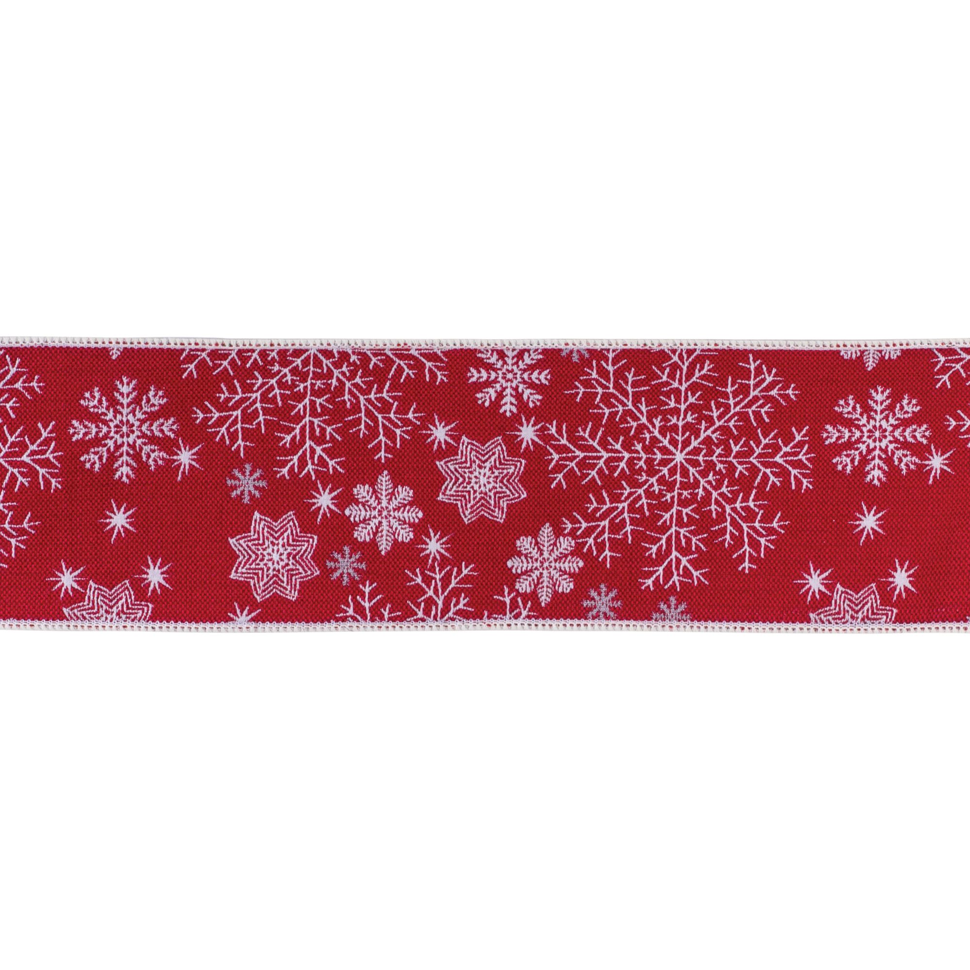 Festive Snowflake Ribbon 4 inches x 5 yds., RED WHITE, hi-res image number 0