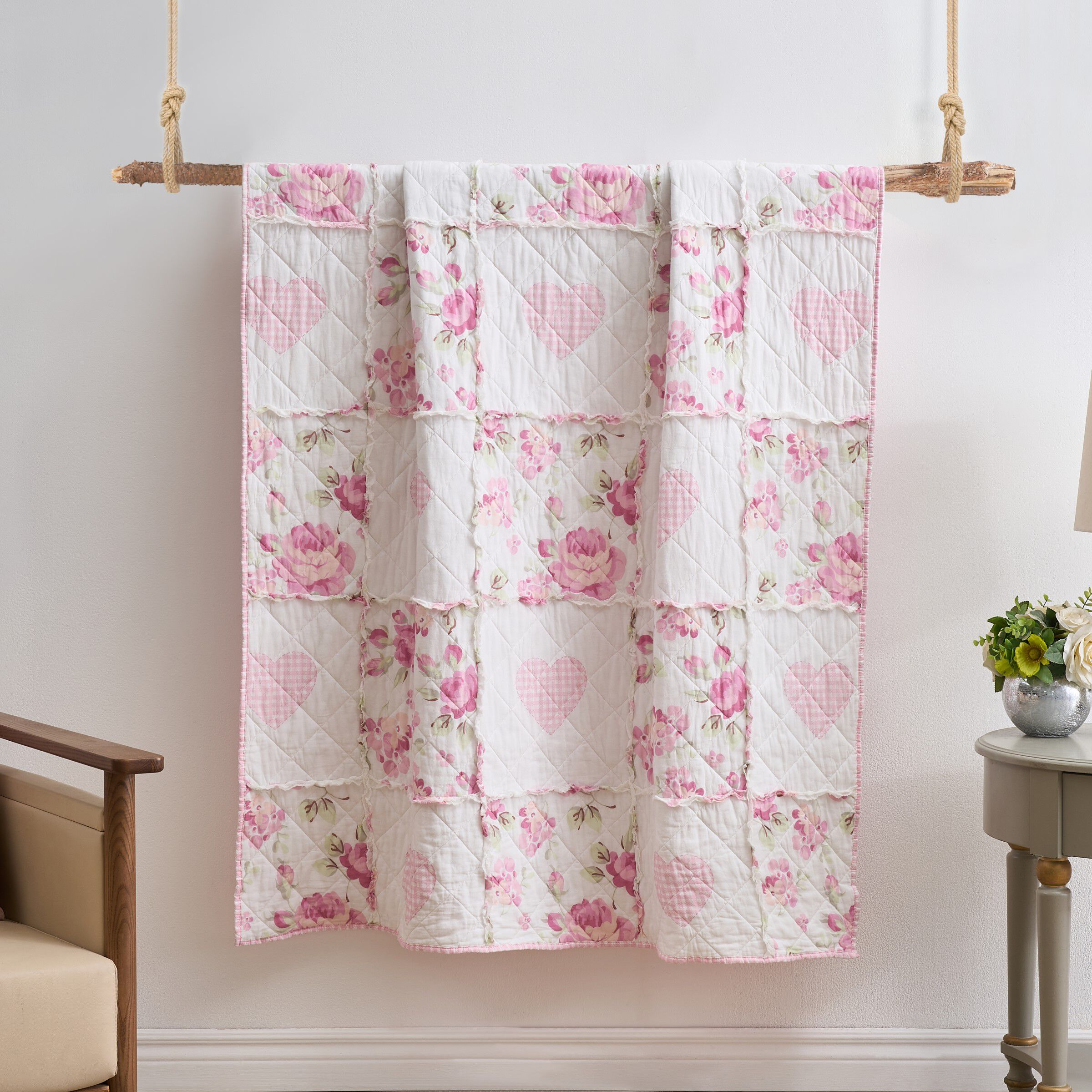 Veronica's Hearts Ruffled Patchwork Quilted Throw Blanket, PINK, hi-res image number 0