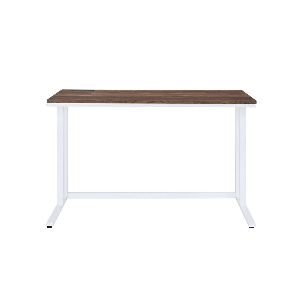 Front view of desk with wooden top and white frame
