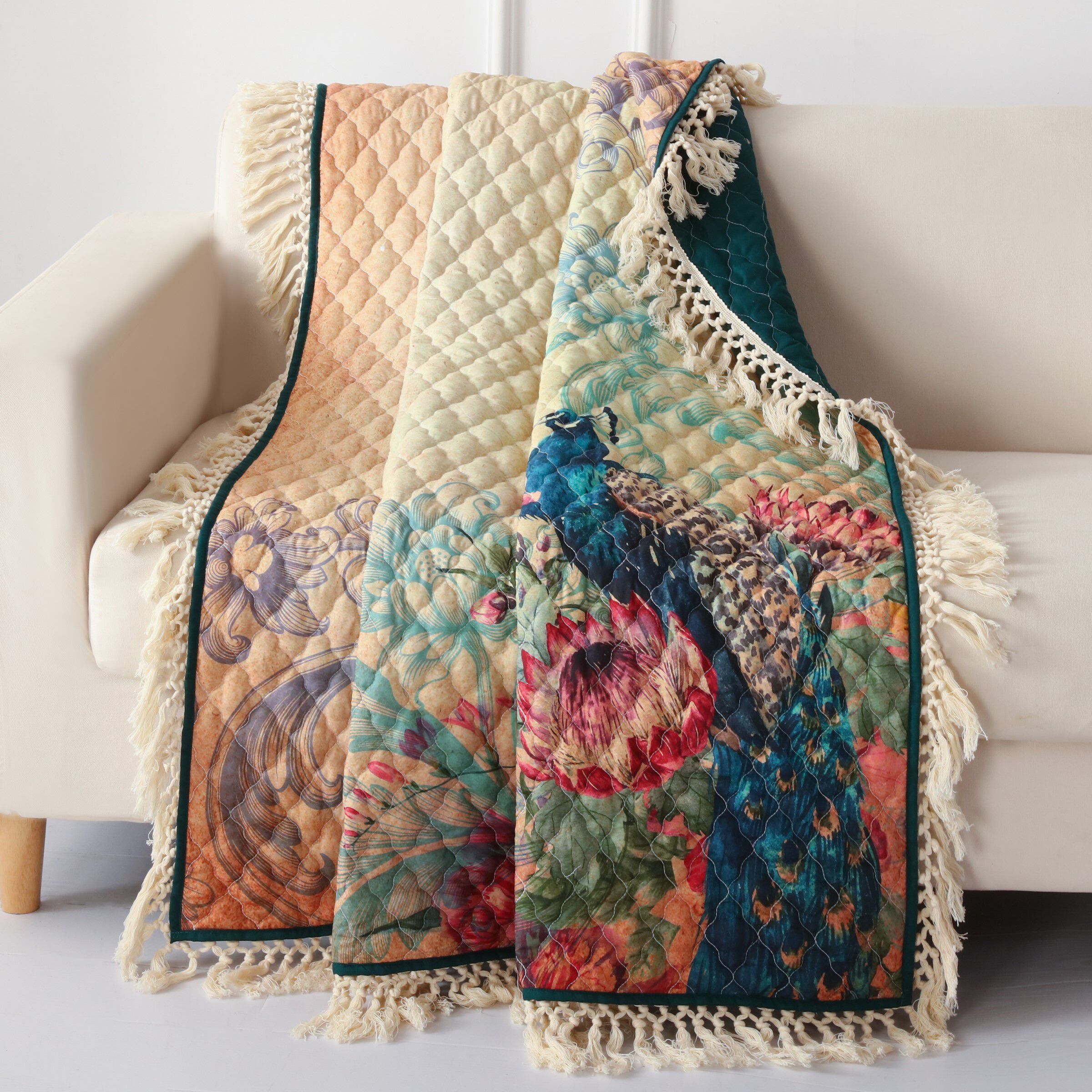 Eden Peacock Quilted Throw Blanket, ECRU, hi-res image number 0