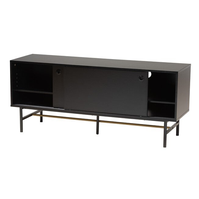 Truett Modern Dark Brown Finished Wood And Two-Tone Black And Gold Metal Tv Stand, , on-hover image number 1