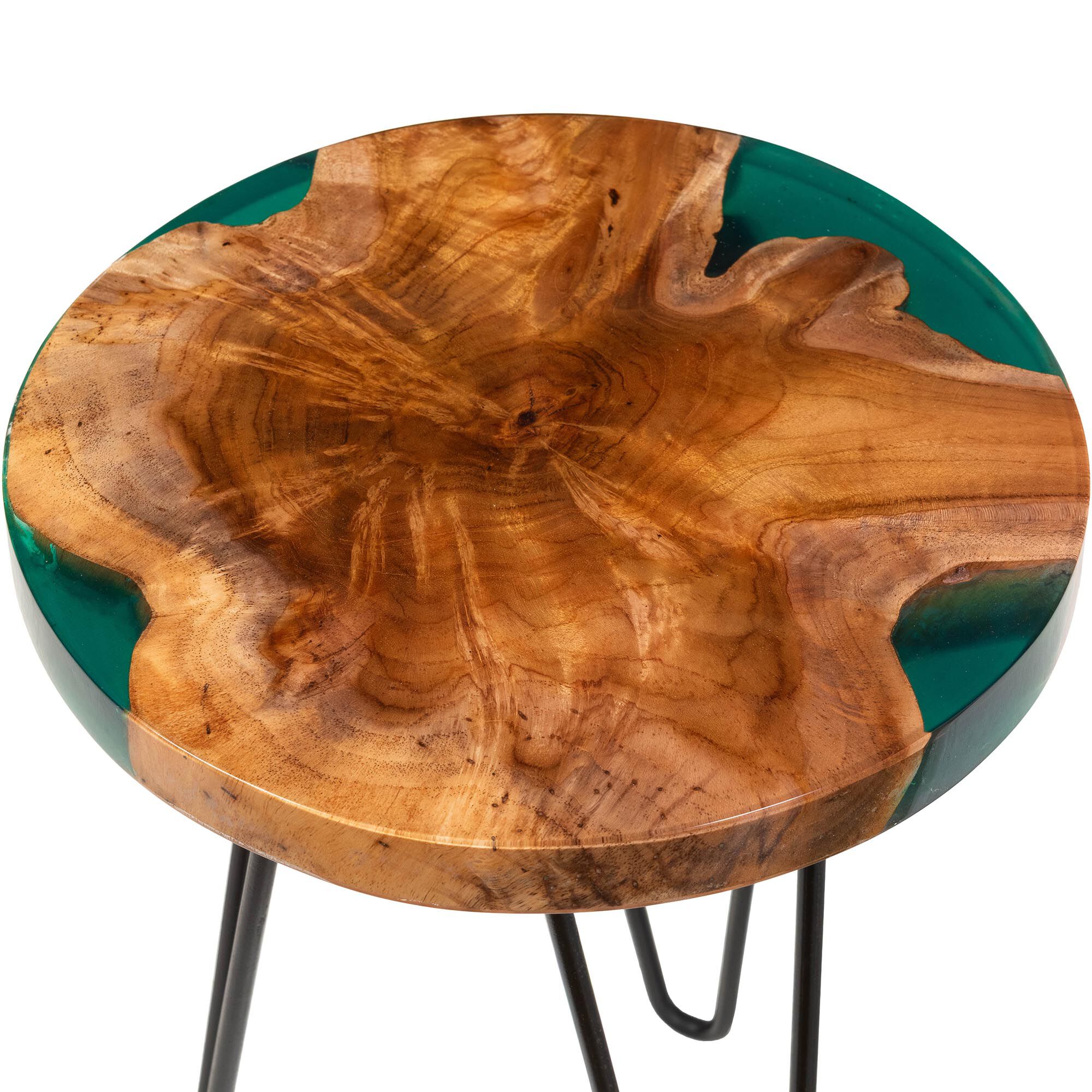 Close-up of the round teak wood and epoxy resin top of the end table