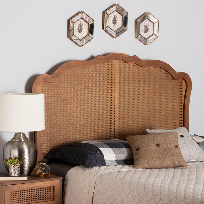 Leandra Classic And Traditional Ash Walnut Finished Wood Queen Size Headboard With Rattan, , alternate image number null