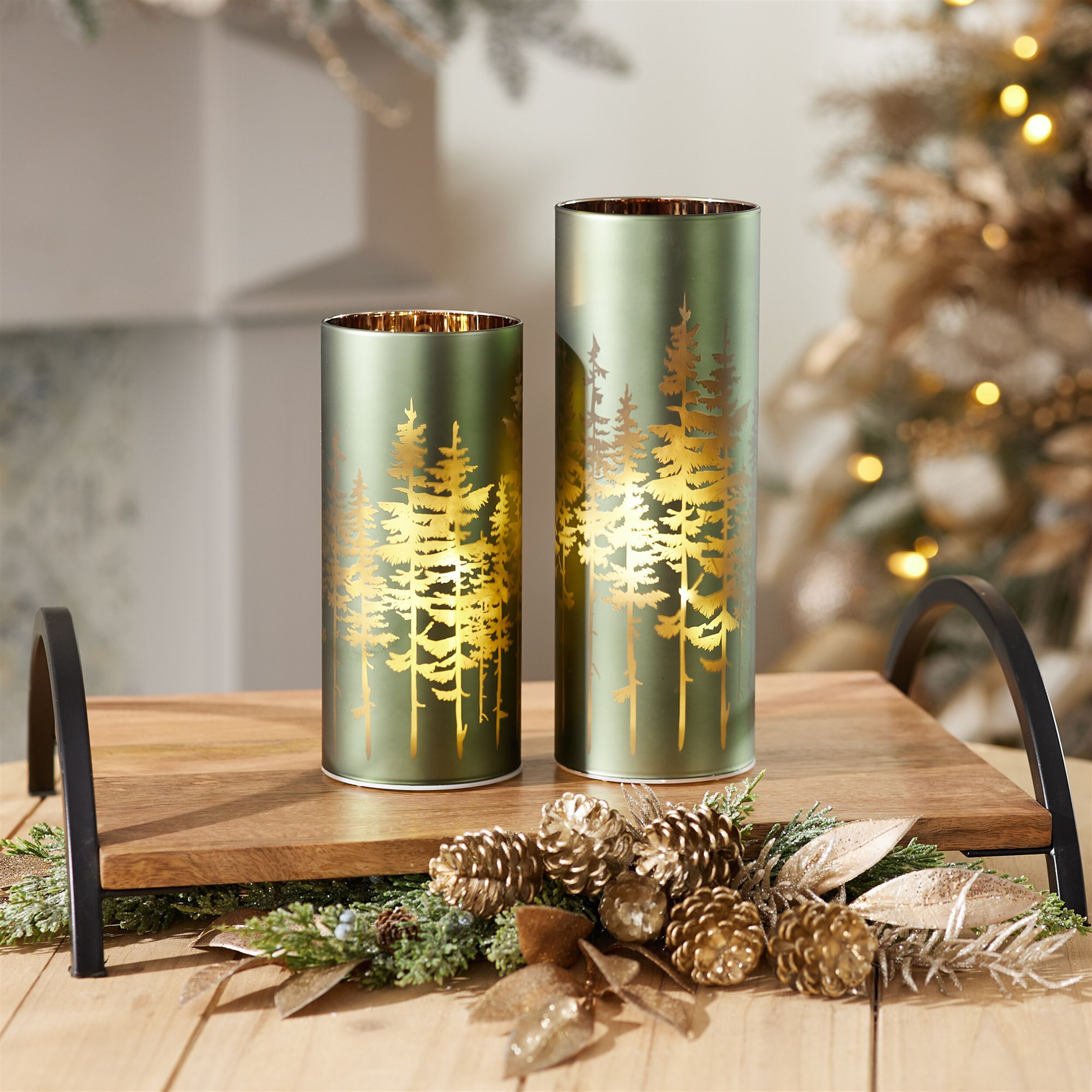 Frosted Pine Trees Glass Candle Holder (Set of 2), GREEN, alternate image number 3