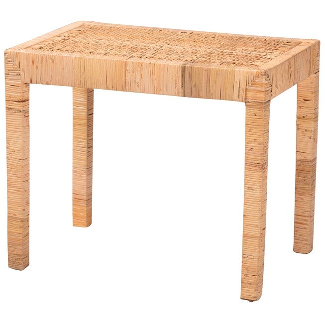 Abelia Modern Bohemian Natural Rattan And Mahogany Wood Short Accent Bench, NATURAL RATTAN, hi-res image number null