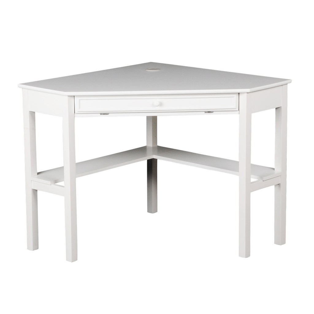 White corner desk from front, with drawer and open shelving