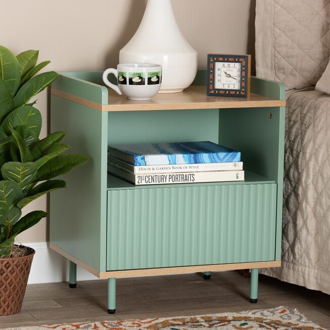 Tavita Mid-Century Modern Two-Tone Mint Green And Oak Brown Finished Wood 1-Drawer End Table, , alternate image number null