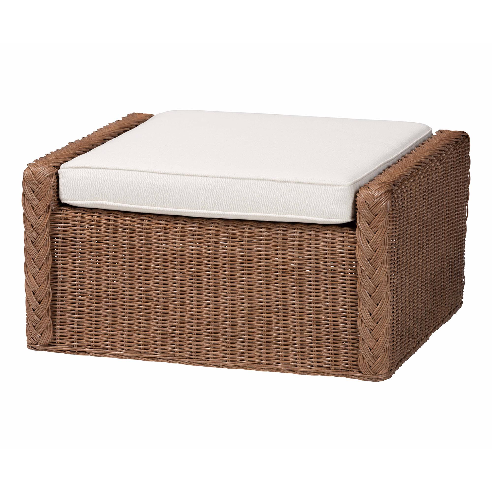 Derris Bohemian Peanut Brown Braided Rattan Footstool, BROWN, alternate image number 1
