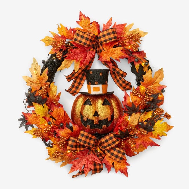 24 inches Pre-Lit Jack-O-Lantern Wreath, , alternate image number null