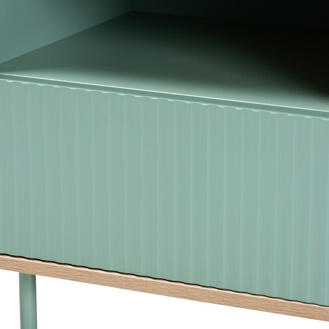 Tavita Mid-Century Modern Two-Tone Mint Green And Oak Brown Finished Wood 1-Drawer End Table, , alternate image number null