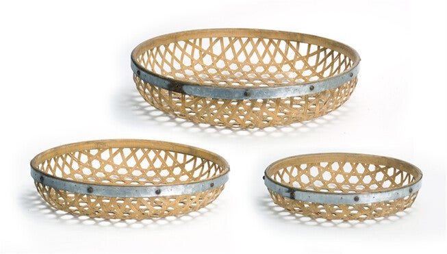 Round Woven Bamboo Tray with Galvanized Metal Accent (Set of 3), BROWN GREY, hi-res image number null