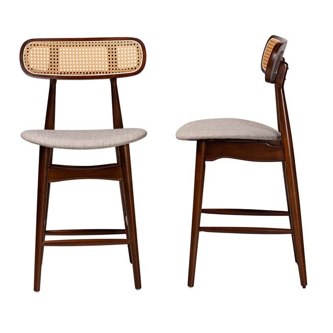 Tarana Mid-Century Modern Grey Fabric And Walnut Brown Finished Wood 2-Piece Counter Stool Set, , alternate image number null