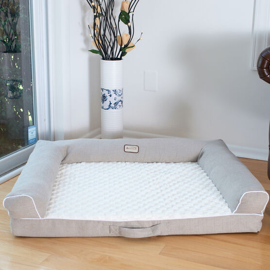 Bolstered Pet Bed Cushion With Memory Foam, Medium Ivory & Beige, , on-hover image number null