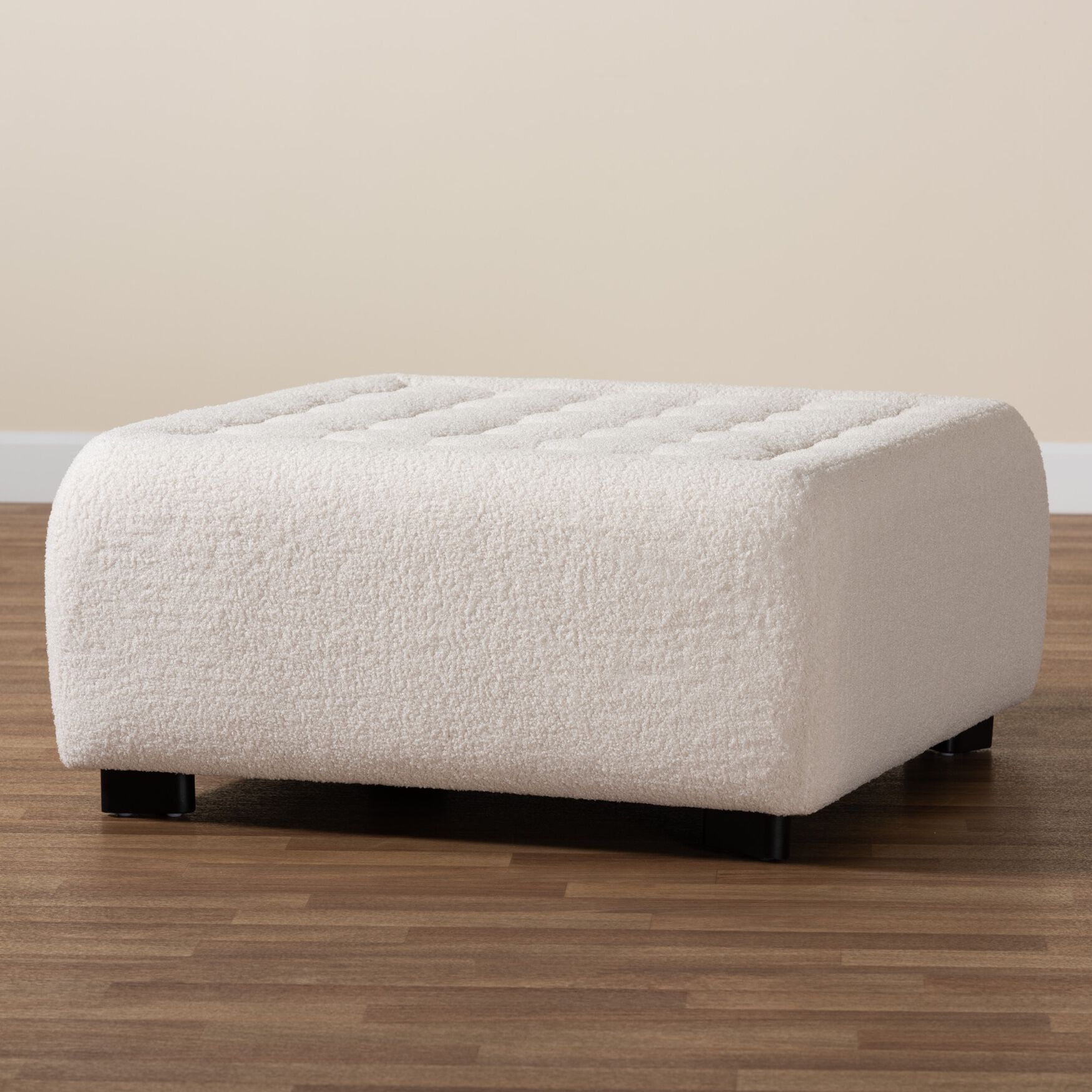 Athena Modern And Contemporary Ivory Boucle Upholstered And Black Finished Wood Square Ottoman, , alternate image number 6