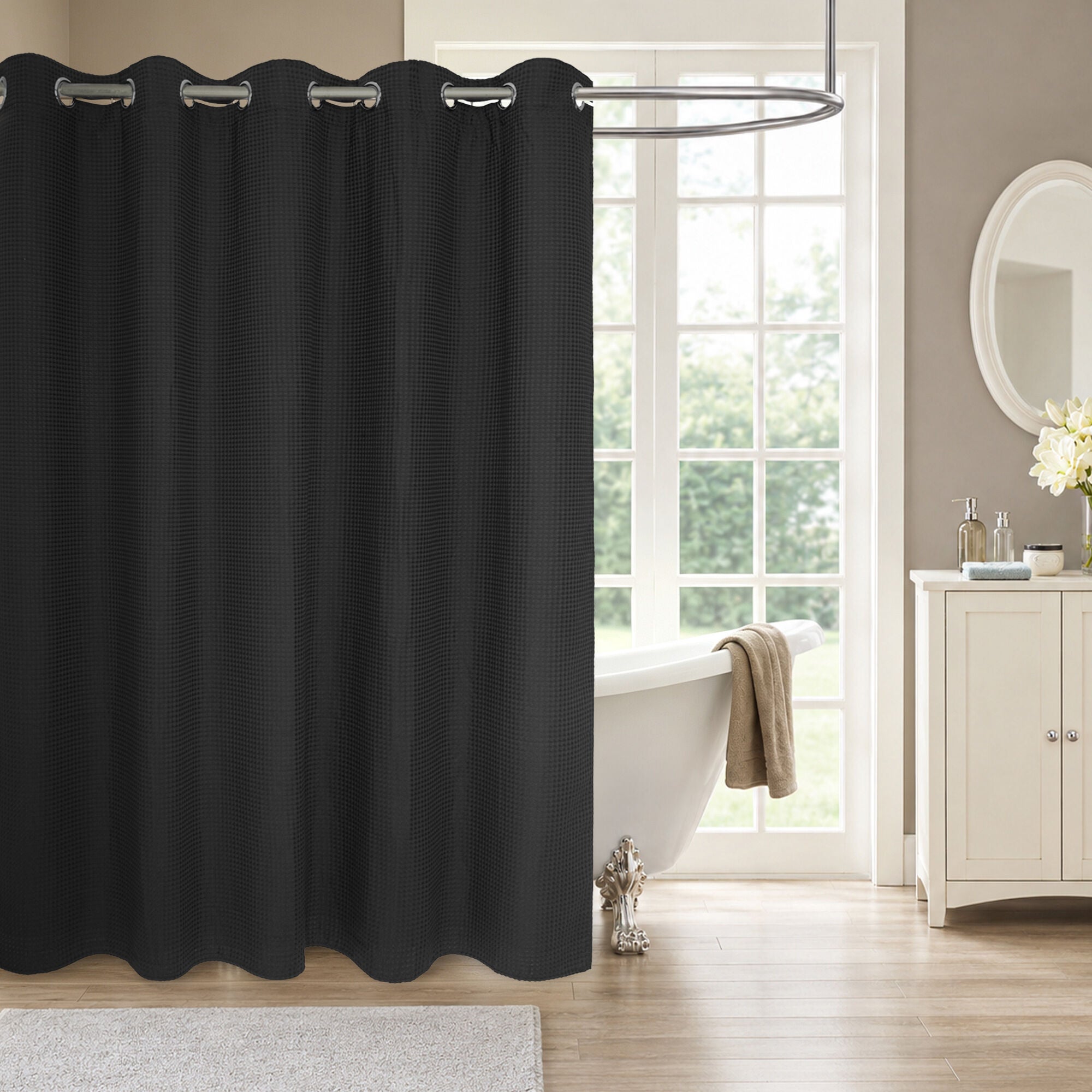 No Hook Cotton Blend Waffle Woven Shower Curtain with Snap-in Liner, BLACK, alternate image number 4
