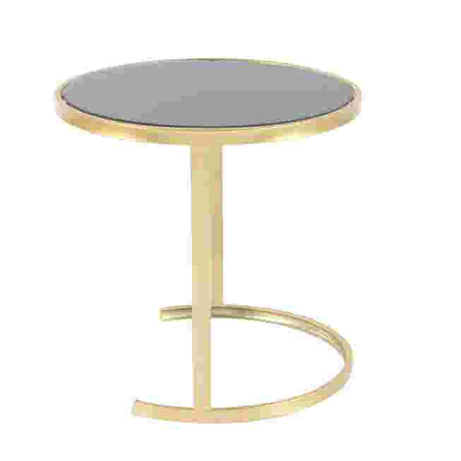 Gold metal accent table with a black top.