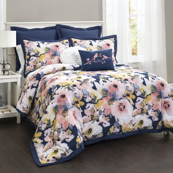 Lush Décor Floral Watercolor Comforter Blue 7Pc Set, BLUE, hi-res image number null