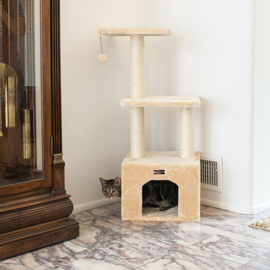 3-Tier Real Wood Cat Condo With Sisal Scratching Post 39", , alternate image number null