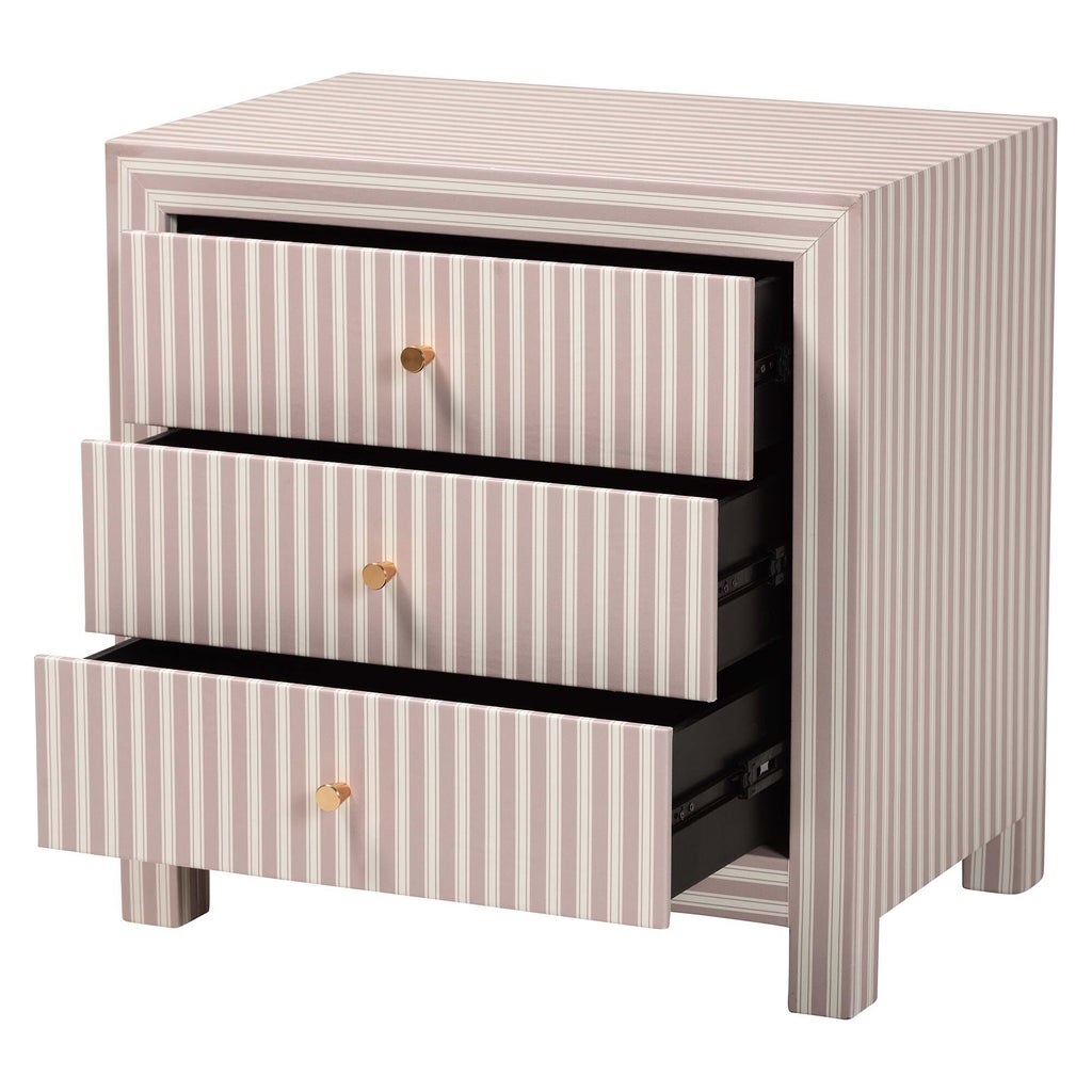 Javianne end table with three drawers open showing interior