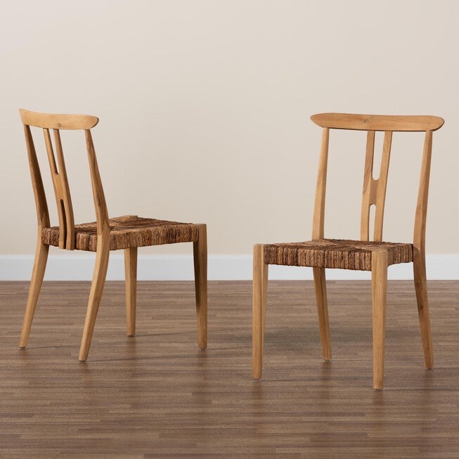 Artha Modern Bohemian Natural Brown Teak Wood And Seagrass 2-Piece Dining Chair Set, , alternate image number null