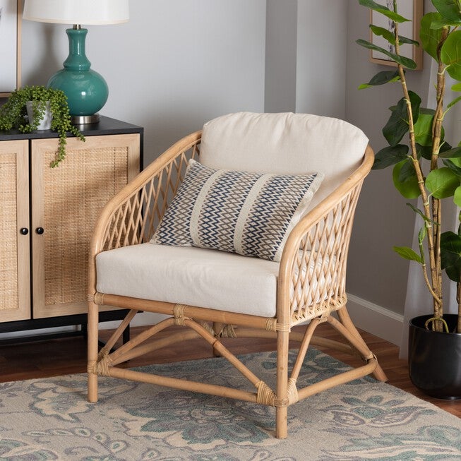 Patsy Modern Bohemian White Fabric And Natural Brown Rattan Armchair, , alternate image number 7