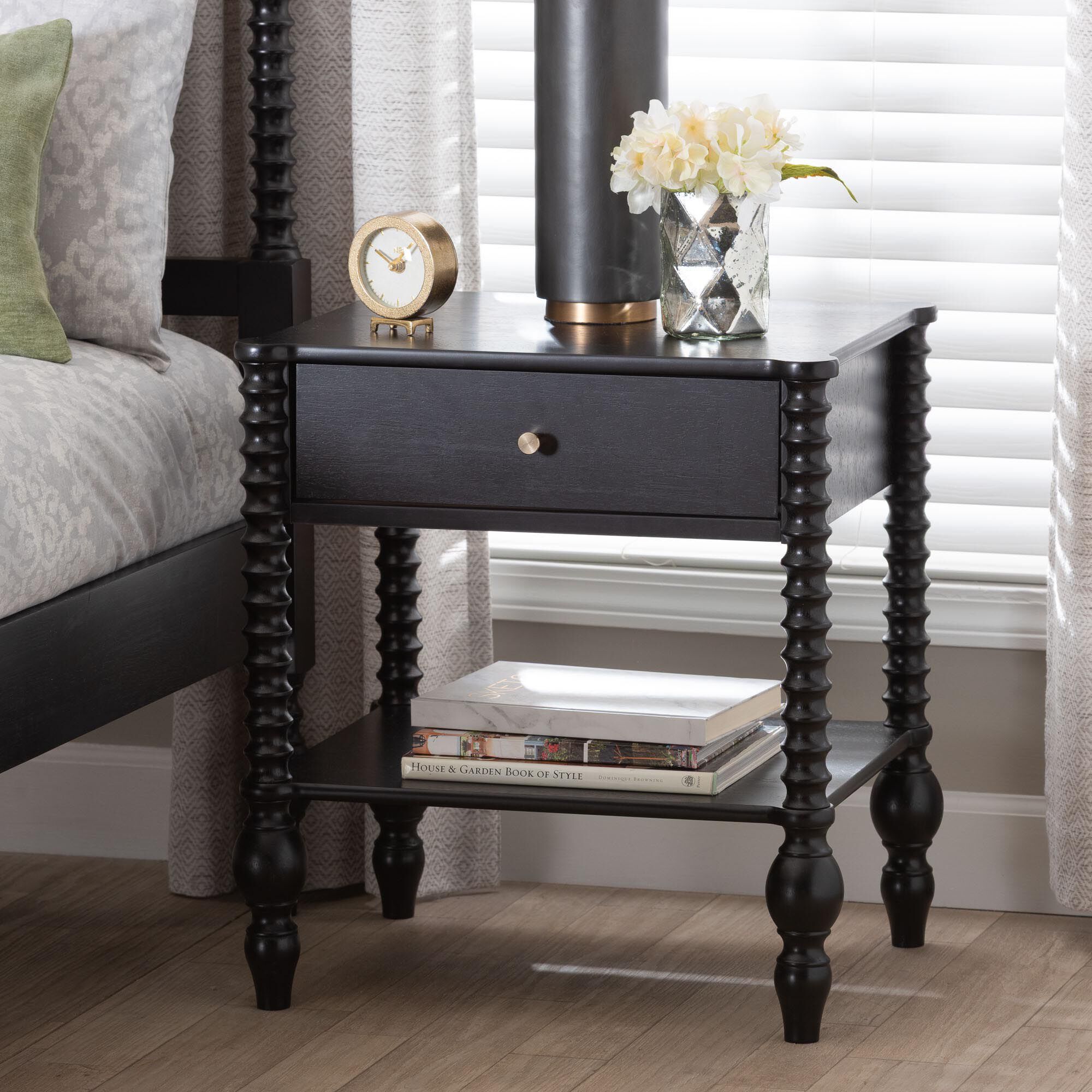 Callison Spindle Nightstand - 1-Drawer, BLACK, hi-res image number 0