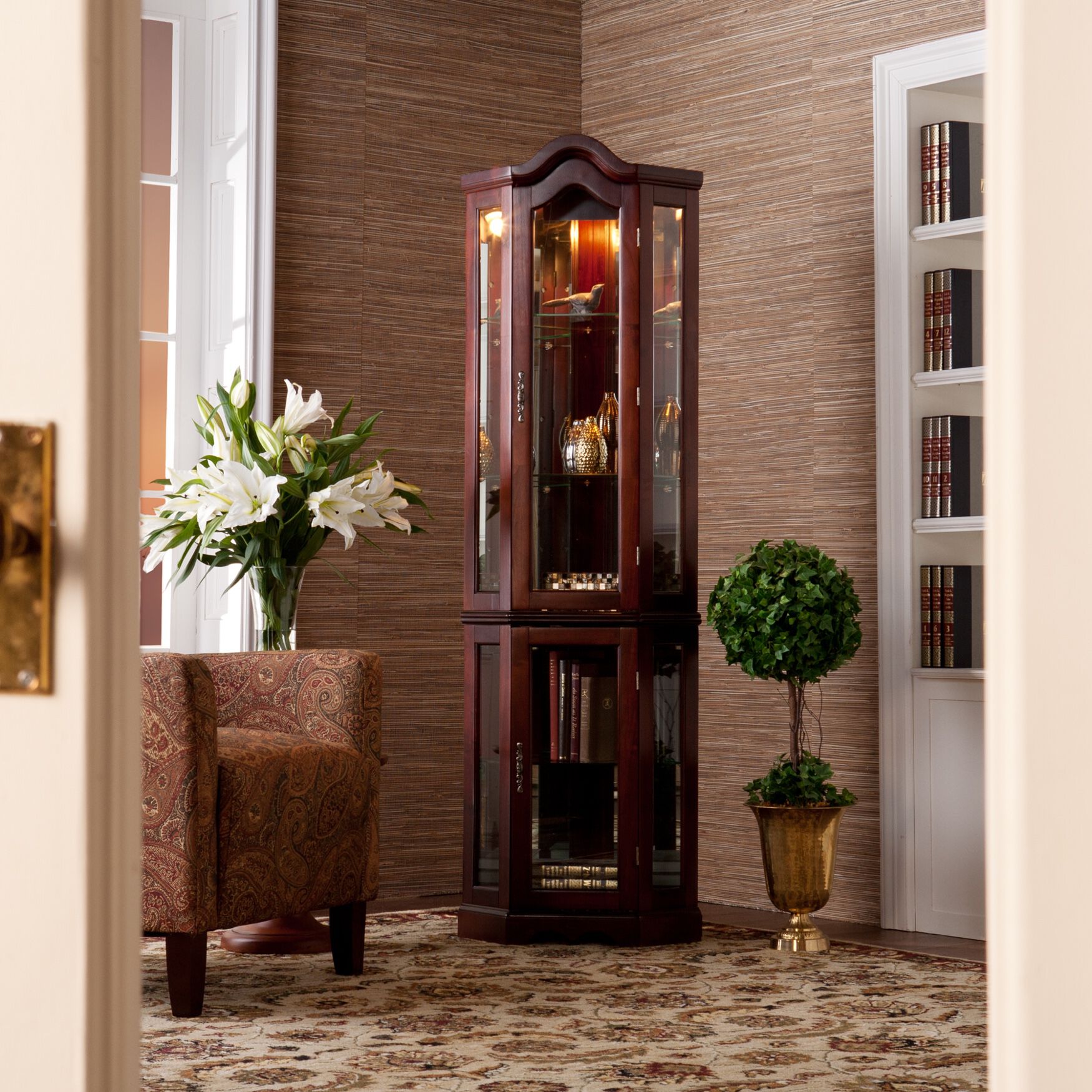 Lighted corner top curio cabinet oak