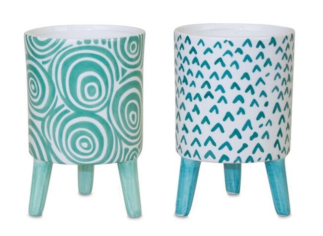 Blue Patterned Pot with Legs (Set of 2), BLUE/WHITE/BLUE, hi-res image number null