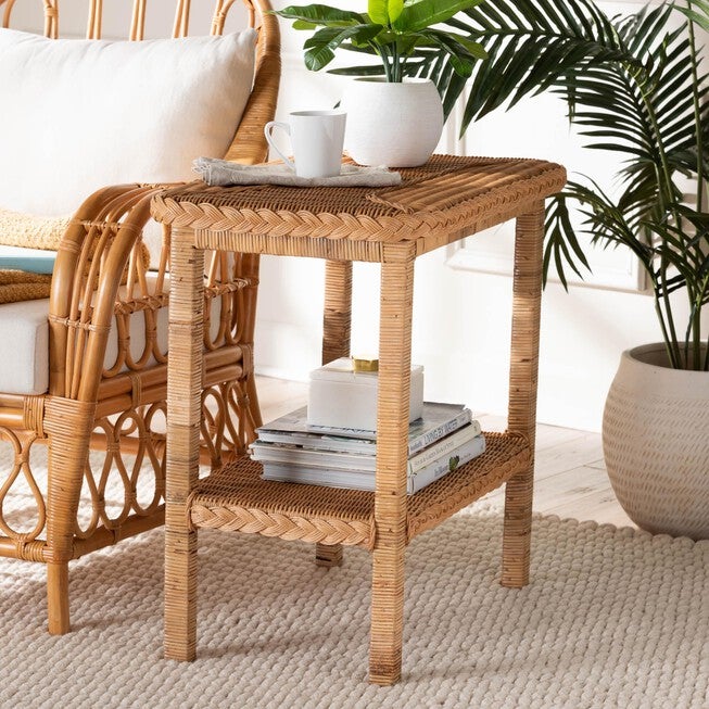 Minahasa Bohemian Light Honey Braided Rattan Side Table, LIGHT, hi-res image number null