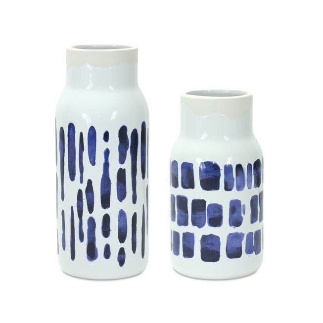 Vase (Set of 2) 4.25 inchesD x 8 inchesH, 4.25 inchesD x 10 inchesH Ceramic, BLUE/WHITE, hi-res image number 0