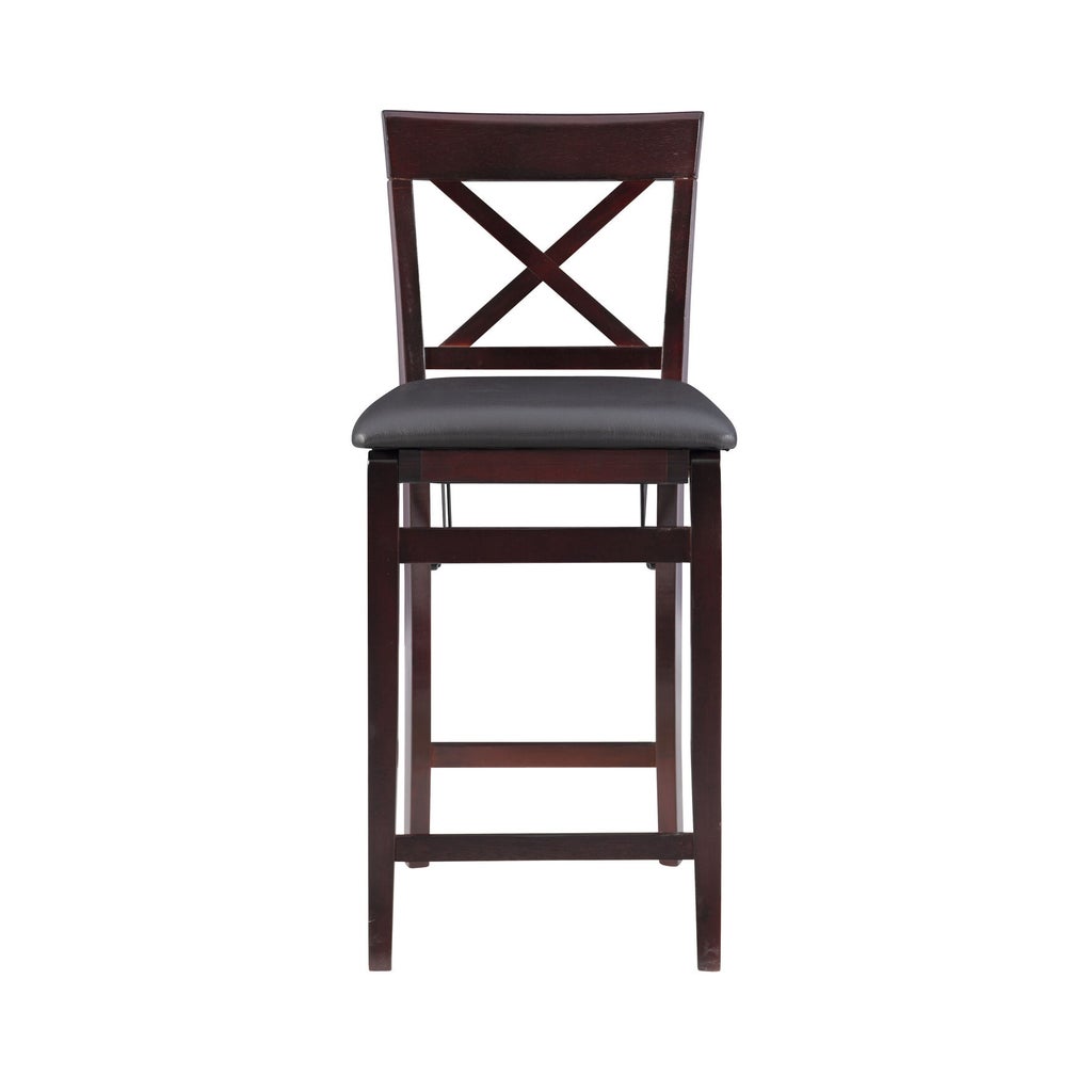 Triena X back folding counter bar stool with dark wood frame and gray upholstered seat