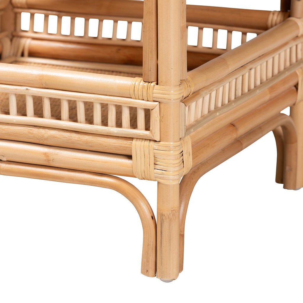 Close-up of rattan leg and woven front panel on natural end table