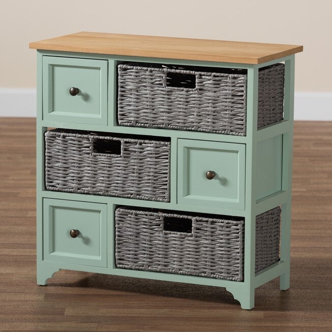 Valtina Modern And Contemporary Two-Tone Oak Brown And Mint Green Finished Wood 3-Drawer Storage Unit With Baskets, , alternate image number null
