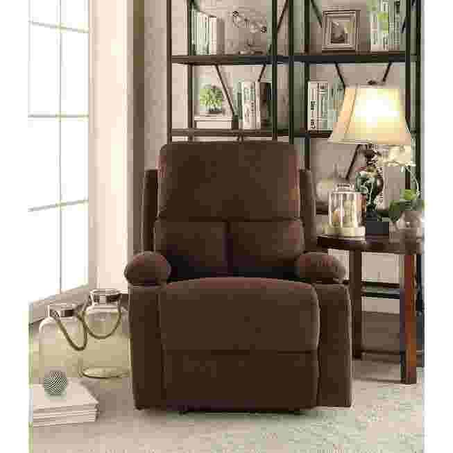 Brown recliner with bookshelf and lamp