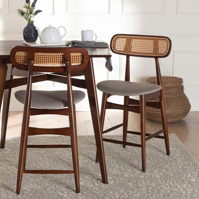 Tarana Mid-Century Modern Grey Fabric And Walnut Brown Finished Wood 2-Piece Counter Stool Set, , alternate image number null