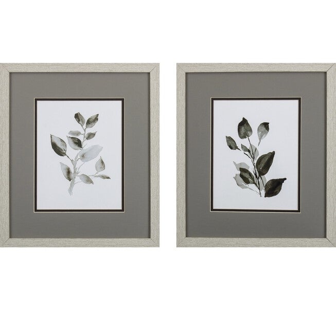 Gray Black Leaves Framed Wall Décor, Set Of 2, BLACK WHITE, hi-res image number 0