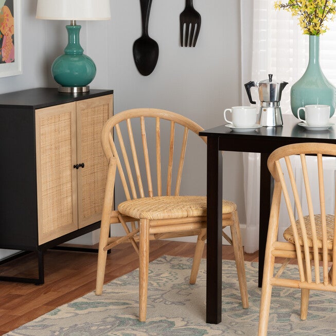 Kobe Mid-Century Modern Natural Brown Finished Wood and Rattan Dining Chair, NATURAL BROWN, hi-res image number 0