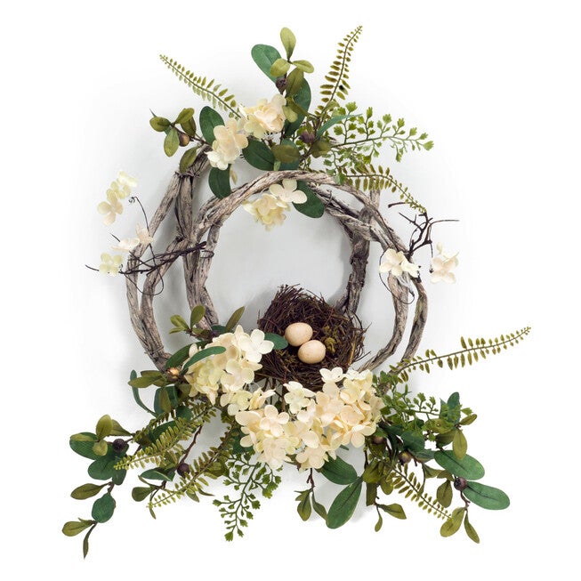 Woven Grapevine Wreath With Hydrangea And Bird Nest Accents (Set Of 4), BROWN, hi-res image number null
